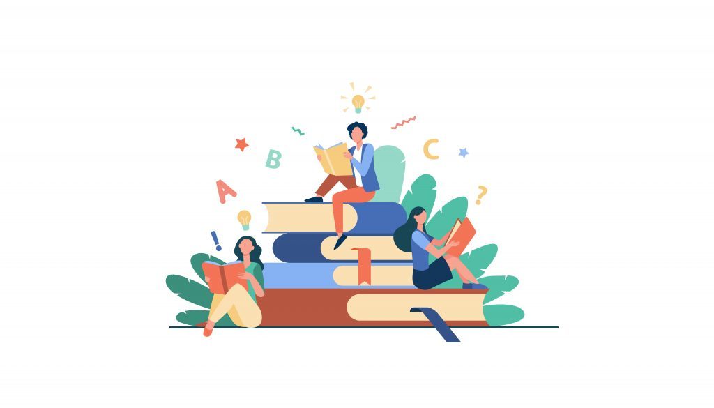 Students studying textbooks. Woman sitting on stack of books and reading. Vector illustration for library, bookworm, bookstore concept